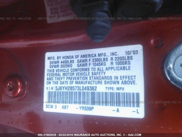 5J6YH28573L049362 - 2003 HONDA ELEMENT EX ORANGE photo 9