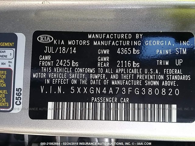 5XXGN4A73FG380820 - 2015 KIA OPTIMA EX SILVER photo 9