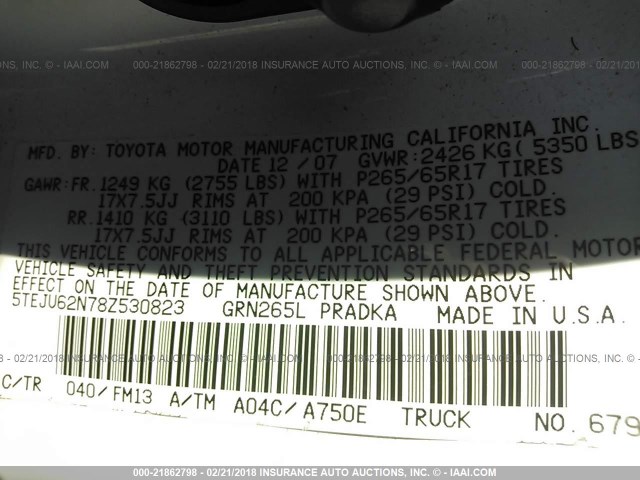 5TEJU62N78Z530823 - 2008 TOYOTA TACOMA DOUBLE CAB PRERUNNER WHITE photo 9