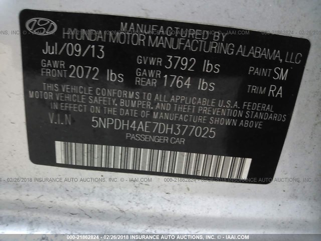 5NPDH4AE7DH377025 - 2013 HYUNDAI ELANTRA GLS/LIMITED SILVER photo 9