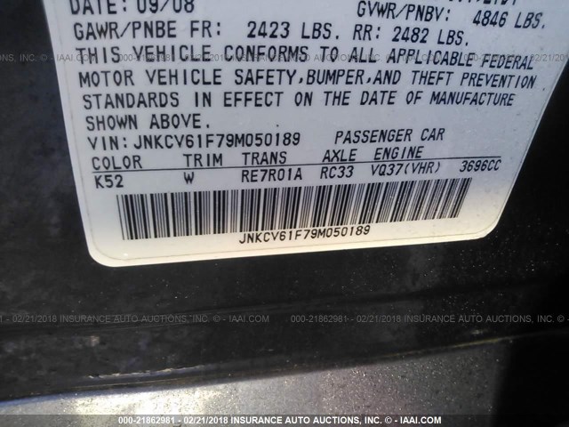 JNKCV61F79M050189 - 2009 INFINITI G37 BLACK photo 9