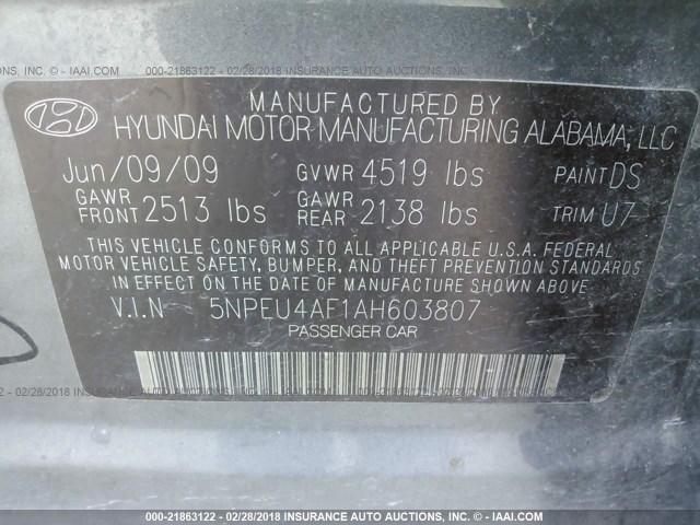 5NPEU4AF1AH603807 - 2010 HYUNDAI SONATA SE/LIMITED GRAY photo 9