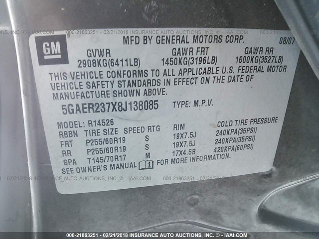 5GAER237X8J138085 - 2008 BUICK ENCLAVE CXL ყავისფერი ფოტო 9