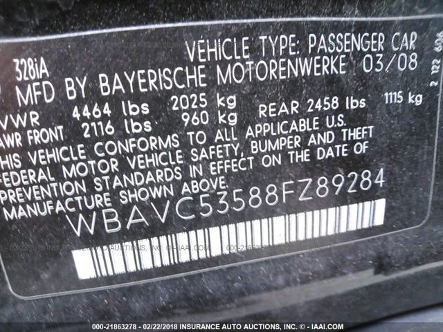WBAVC53588FZ89284 - 2008 BMW 328 I SULEV BLACK photo 9
