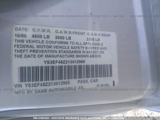 YS3EF48Z213012965 - 2001 SAAB 9-5 SE GRAY photo 9