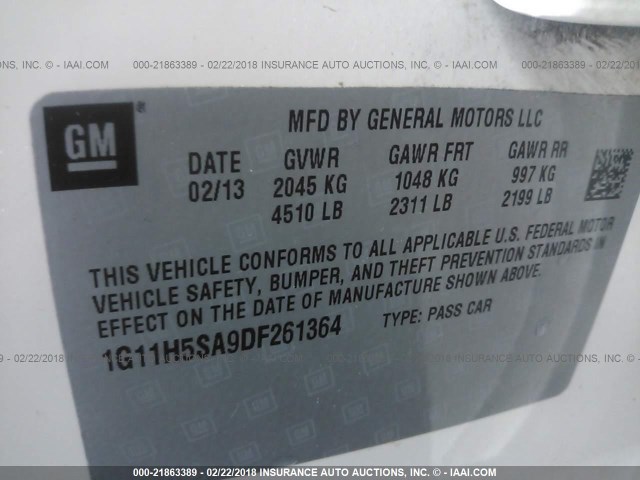 1G11H5SA9DF261364 - 2013 CHEVROLET MALIBU LTZ 白色 照片 9