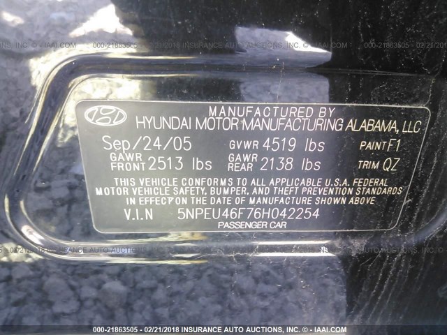 5NPEU46F76H042254 - 2006 HYUNDAI SONATA GLS/LX BLACK photo 9