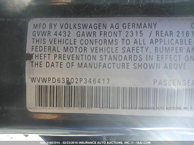 WVWPD63B02P346417 - 2002 VOLKSWAGEN PASSAT GLS GRAY photo 9