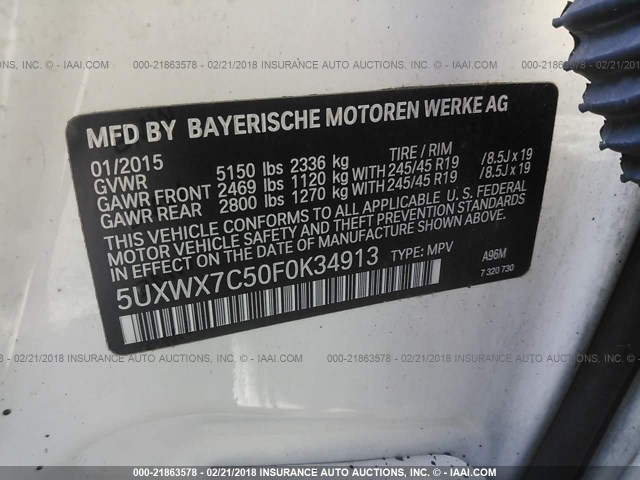 5UXWX7C50F0K34913 - 2015 BMW X3 XDRIVE35I WHITE photo 9