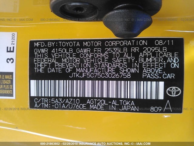 JTKJF5C75C3026758 - 2012 TOYOTA SCION TC YELLOW photo 9