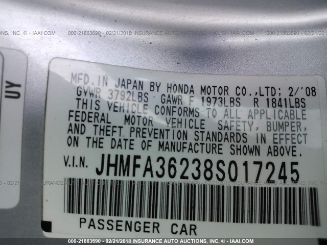 JHMFA36238S017245 - 2008 HONDA CIVIC HYBRID SILVER photo 9