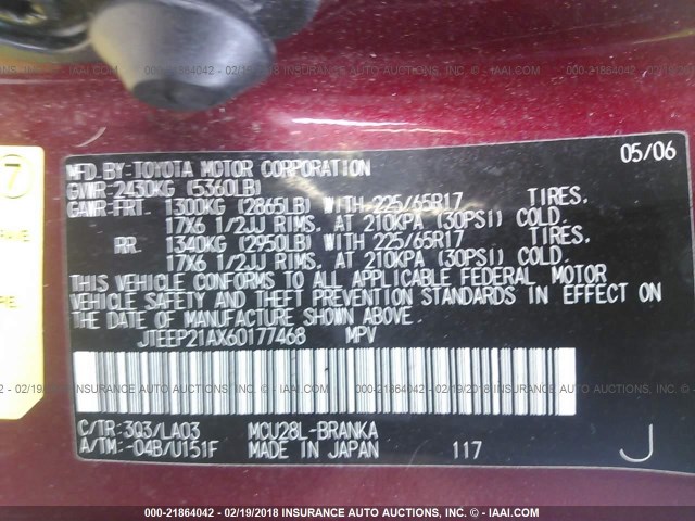 JTEEP21AX60177468 - 2006 TOYOTA HIGHLANDER LIMITED RED photo 9