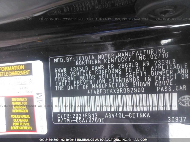 4T4BF3EKXBR092900 - 2011 TOYOTA CAMRY SE/LE/XLE BLACK photo 9