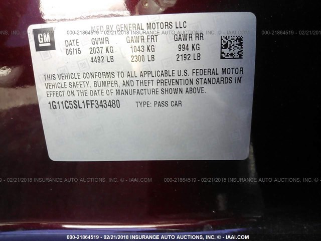 1G11C5SL1FF343480 - 2015 CHEVROLET MALIBU 1LT 栗色 照片 9