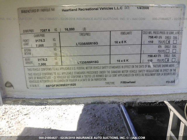 5SFGF36289E011820 - 2009 HEARTLAND BIGHORN 3670RL  WHITE photo 9