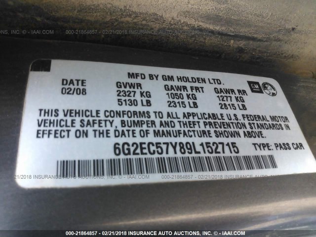 6G2EC57Y89L152715 - 2009 PONTIAC G8 GT GRAY photo 9