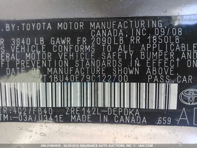 2T1BU40E79C122700 - 2009 TOYOTA COROLLA S/LE/XLE GOLD photo 9