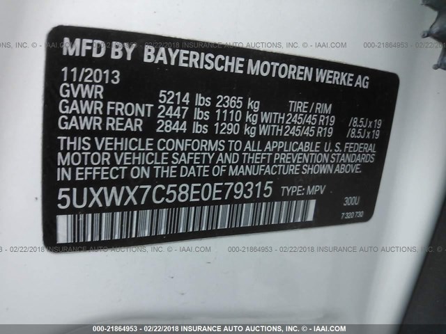 5UXWX7C58E0E79315 - 2014 BMW X3 XDRIVE35I WHITE photo 9