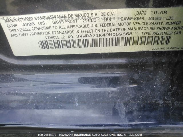 3VWRA71K49M059668 - 2009 VOLKSWAGEN JETTA WOLFSBURG 黑色 照片 9