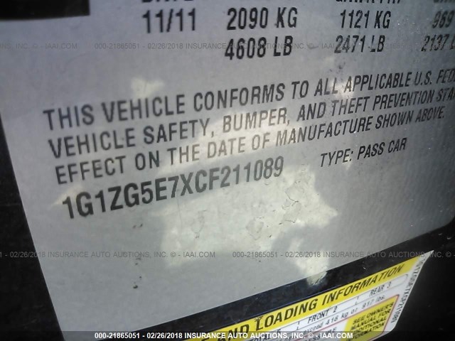 1G1ZG5E7XCF211089 - 2012 CHEVROLET MALIBU LTZ 黑色 照片 9