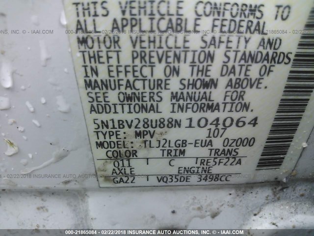 5N1BV28U88N104064 - 2008 NISSAN QUEST S/SE/SL WHITE photo 9