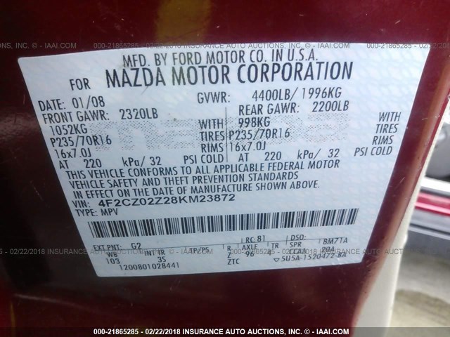 4F2CZ02Z28KM23872 - 2008 MAZDA TRIBUTE I RED photo 9