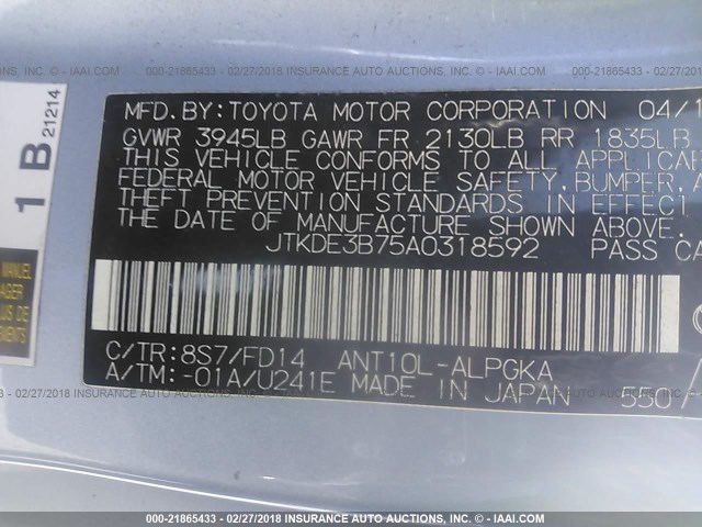 JTKDE3B75A0318592 - 2010 TOYOTA SCION TC 蓝色 照片 9