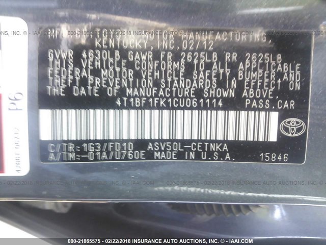 4T1BF1FK1CU061114 - 2012 TOYOTA CAMRY SE/LE/XLE GRAY photo 9