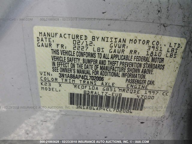 3N1AB6AP4CL702006 - 2012 NISSAN SENTRA 2.0/2.0S/SR/2.0SL SILVER photo 9