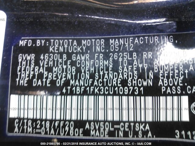 4T1BF1FK3CU109731 - 2012 TOYOTA CAMRY SE/LE/XLE BLACK photo 9