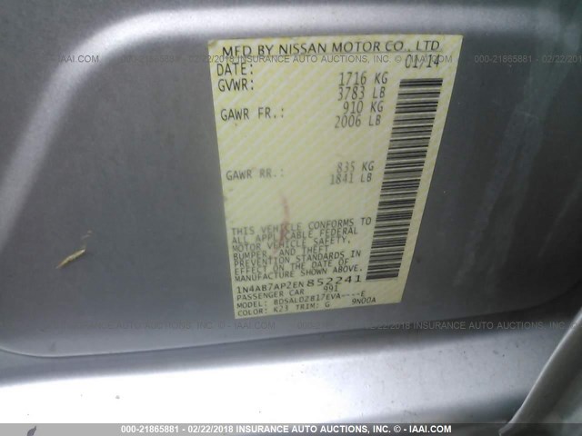 1N4AB7AP2EN852241 - 2014 NISSAN SENTRA S/SV/SR/SL SILVER photo 9