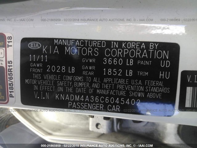 KNADM4A36C6045402 - 2012 KIA RIO LX WHITE photo 9