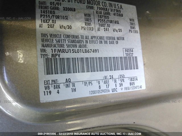 1FMRU15L01LB67491 - 2001 FORD EXPEDITION XLT ოქროსფერი ფოტო 9