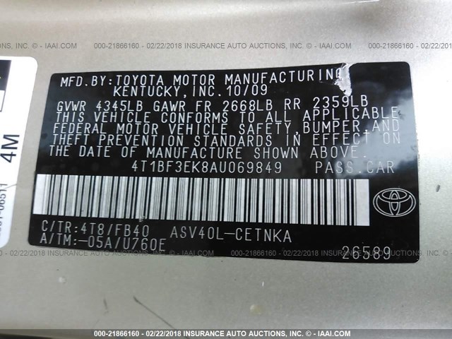 4T1BF3EK8AU069849 - 2010 TOYOTA CAMRY SE/LE/XLE TAN photo 9