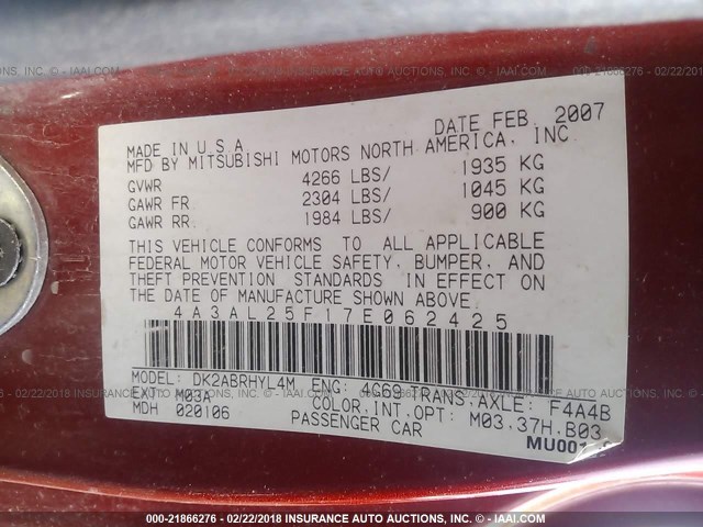 4A3AL25F17E062425 - 2007 MITSUBISHI ECLIPSE SPYDER GS 橙色 照片 9