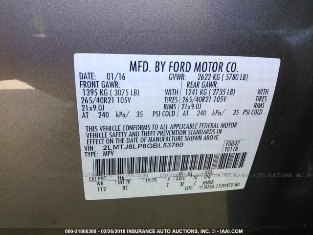 2LMTJ8LP8GBL53760 - 2016 LINCOLN MKX RESERVE 棕色 照片 9