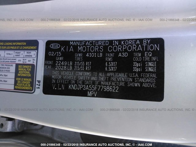 KNDJP3A55F7798622 - 2015 KIA SOUL + GRAY photo 9