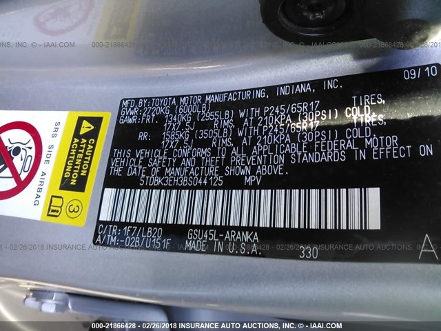 5TDBK3EH3BS044125 - 2011 TOYOTA HIGHLANDER SE SILVER photo 9