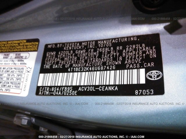 4T1BE32K46U687426 - 2006 TOYOTA CAMRY LE/XLE/SE BLUE photo 9