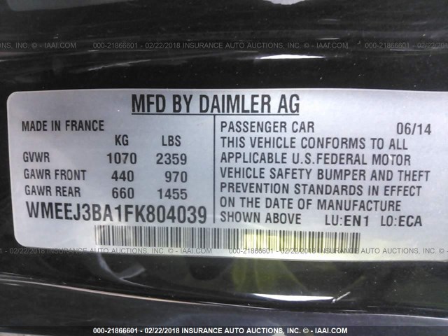 WMEEJ3BA1FK804039 - 2015 SMART FORTWO PURE/PASSION BLACK photo 9