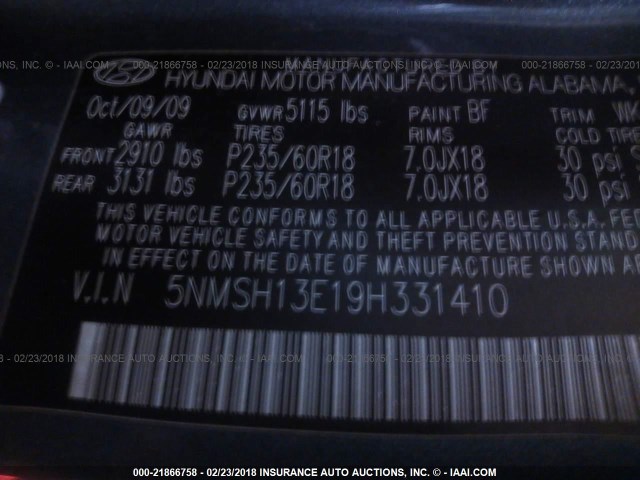 5NMSH13E19H331410 - 2009 HYUNDAI SANTA FE SE/LIMITED GRAY photo 9