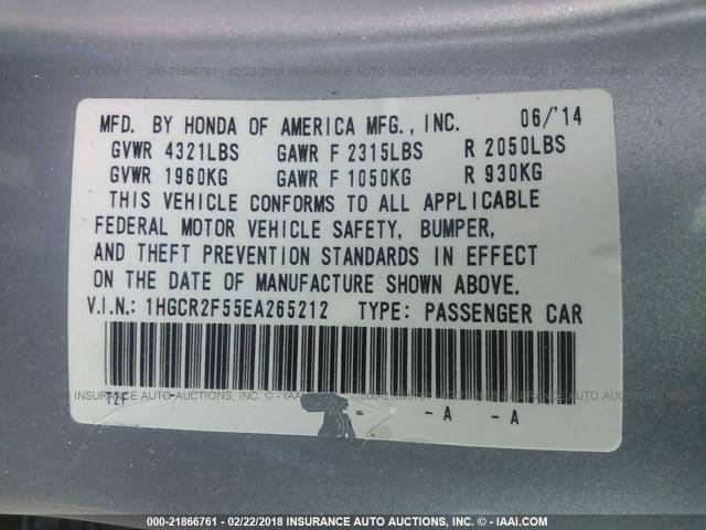 1HGCR2F55EA265212 - 2014 HONDA ACCORD SPORT SILVER photo 9