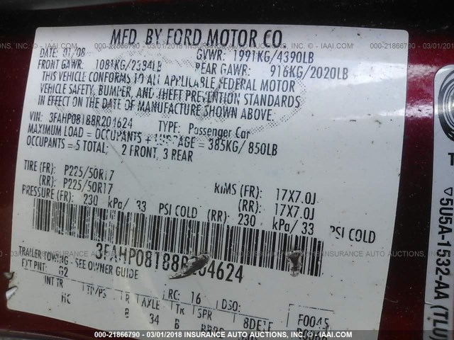 3FAHP08188R204624 - 2008 FORD FUSION SEL RED photo 9