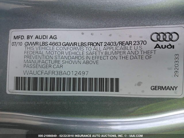 WAUCFAFR3BA012497 - 2011 AUDI A5 PREMIUM SILVER photo 9