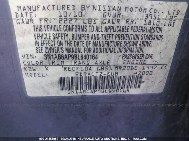 3N1AB6AP9BL640164 - 2011 NISSAN SENTRA 2.0/2.0S/SR/2.0SL GRAY photo 9