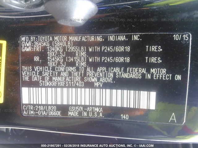 5TDKKRFHXFS117403 - 2015 TOYOTA HIGHLANDER XLE შავი ფოტო 9