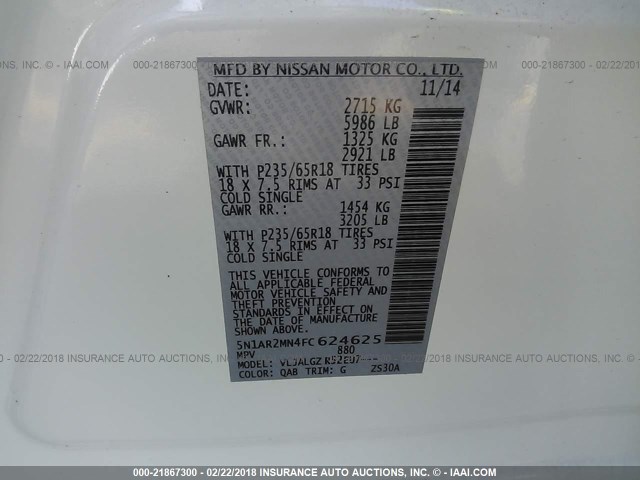 5N1AR2MN4FC624625 - 2015 NISSAN PATHFINDER S/SV/SL/PLATINUM 白色 照片 9