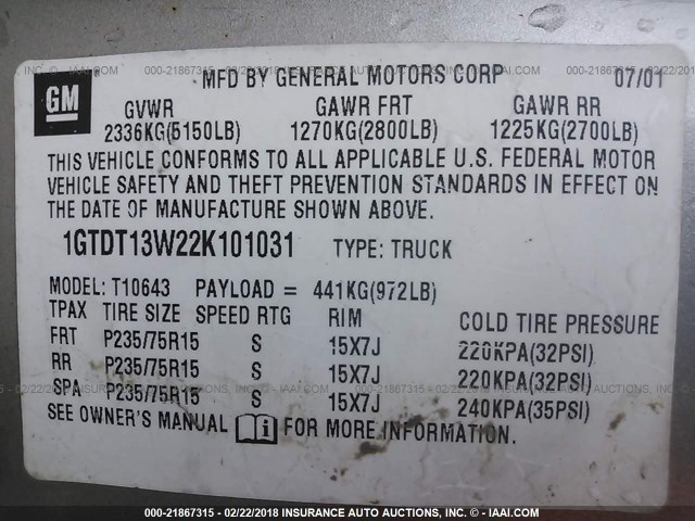 1GTDT13W22K101031 - 2002 GMC SONOMA GOLD photo 9