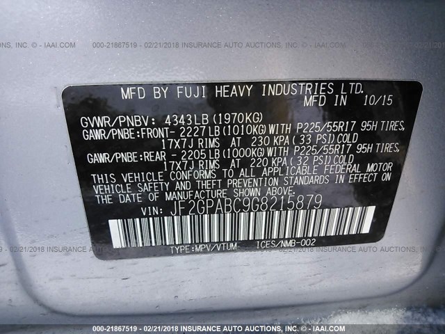 JF2GPABC9G8215879 - 2016 SUBARU CROSSTREK PREMIUM Gümüş foto 9