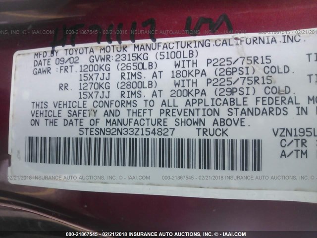 5TESN92N33Z154827 - 2003 TOYOTA TACOMA XTRACAB PRERUNNER წითელი ფოტო 9